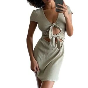 Eggie Women's‎ Olive Green Ribbed Tie Front Cutout Mini Dress XL Extra Large